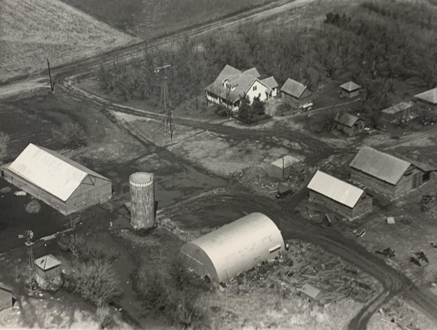 Aerial view of the farm, mid-century